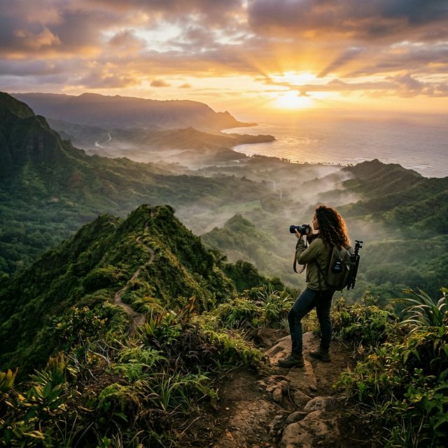 Creator shooting content at golden hour on a mountain ridge