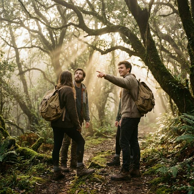 Small group hiking through a misty ancient forest