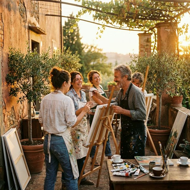 Intimate group of artists painting outdoors at golden hour