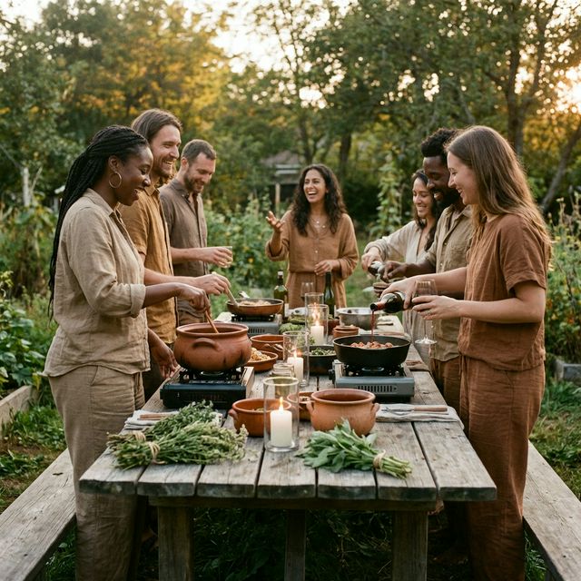 Friends cooking together around a shared outdoor table