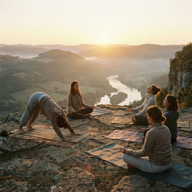 Small group doing yoga on a clifftop at sunrise