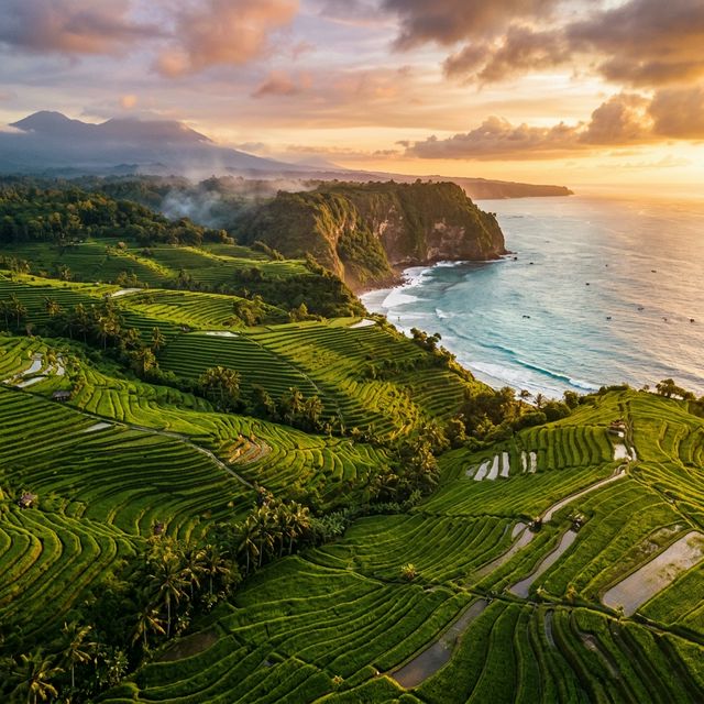 Bali rice terraces and ocean at golden hour