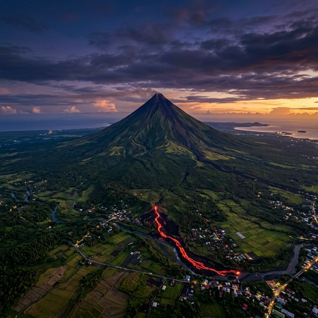 Mayon Volcano aerial view at sunset